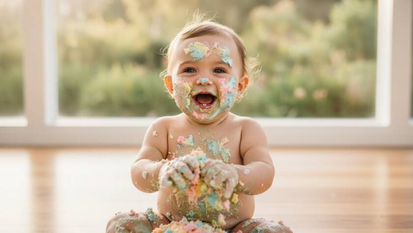 An adorable baby covered in colourful cake, laughing joyfully during a vibrant first birthday cake smash photoshoot in Cranbourne, captured with dramatic lighting and professional colour grading.