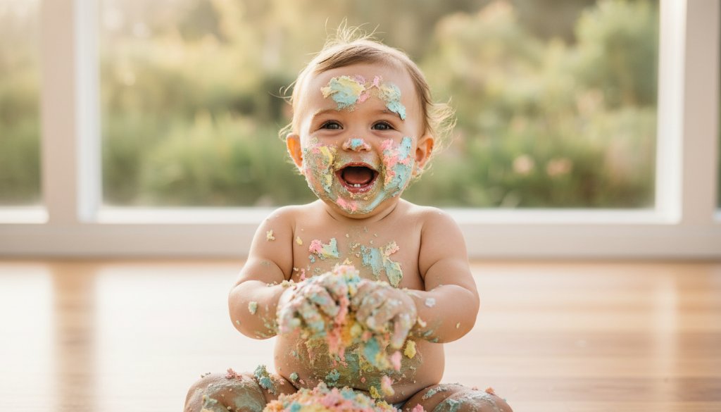 An adorable baby covered in colourful cake, laughing joyfully during a vibrant first birthday cake smash photoshoot in Cranbourne, captured with dramatic lighting and professional colour grading.