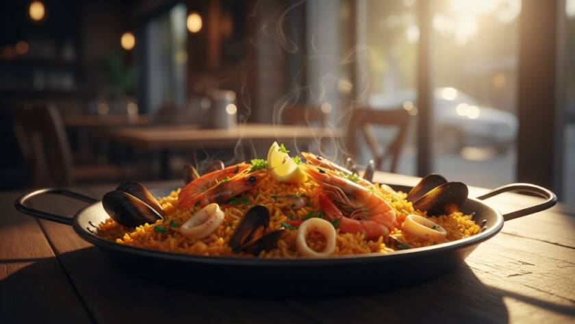 A vibrant food photography for Altona Meadows local eateries hero shot, featuring a beautifully plated dish of freshly grilled seafood from a local cafe, steam gently rising, bathed in dramatic golden hour sunlight spilling through a window, professional color grading enhancing the rich textures.