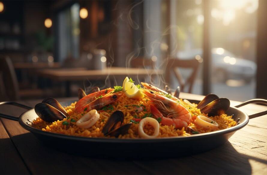 A vibrant food photography for Altona Meadows local eateries hero shot, featuring a beautifully plated dish of freshly grilled seafood from a local cafe, steam gently rising, bathed in dramatic golden hour sunlight spilling through a window, professional color grading enhancing the rich textures.