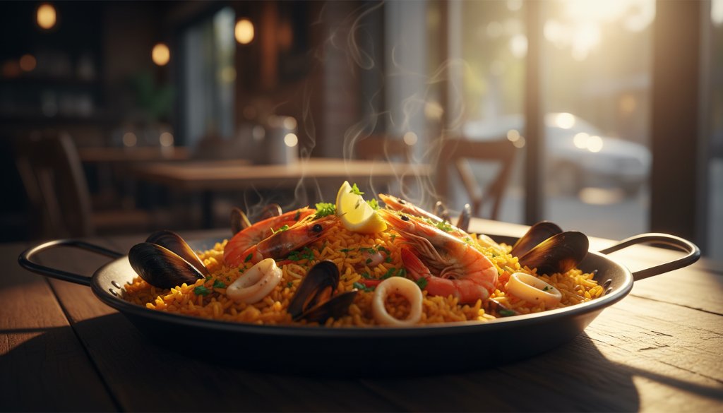 A vibrant food photography for Altona Meadows local eateries hero shot, featuring a beautifully plated dish of freshly grilled seafood from a local cafe, steam gently rising, bathed in dramatic golden hour sunlight spilling through a window, professional color grading enhancing the rich textures.