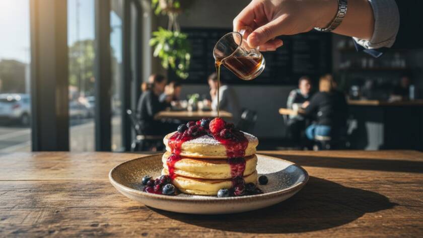 A dynamic, close-up, high-angle shot showcasing a beautifully plated brunch dish, possibly an avocado smash with feta and dukkah, under dramatic, soft morning light spilling into a stylish Oakleigh East cafe, ready to serve as part of a vibrant food photography guide Oakleigh East portfolio.