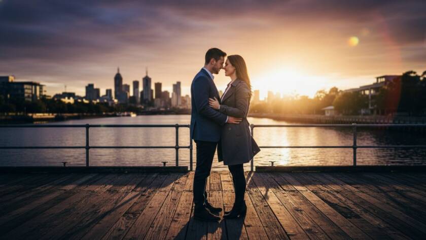 An epic moment captured in vibrant Footscray pre-wedding photography adventures, featuring a couple embracing passionately against the dramatic industrial backdrop of Footscray's docks at sunset, with golden hour light silhouetting them against the city skyline.