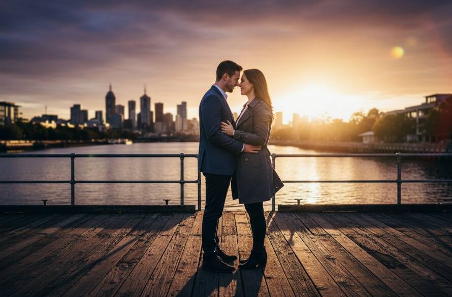 An epic moment captured in vibrant Footscray pre-wedding photography adventures, featuring a couple embracing passionately against the dramatic industrial backdrop of Footscray's docks at sunset, with golden hour light silhouetting them against the city skyline.
