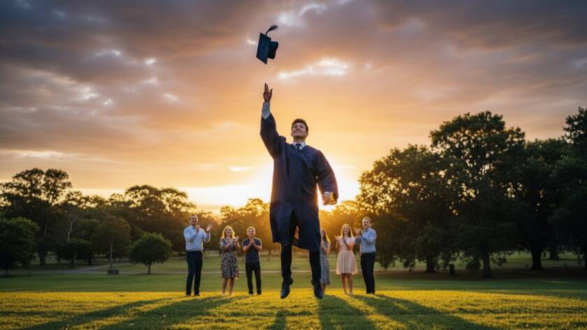 An epic moment captured: a beaming graduate in cap and gown tossing their hat high against a vibrant Noble Park Victoria sunset, friends and family cheering in the background, professional cinematic lighting, celebrating their academic achievement with vibrant graduation photography Noble Park Victoria.