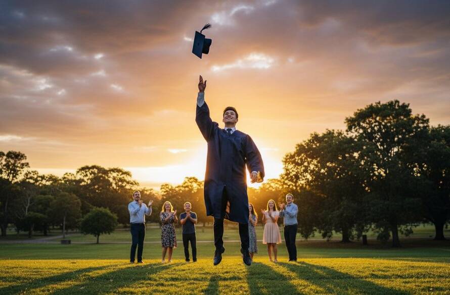 An epic moment captured: a beaming graduate in cap and gown tossing their hat high against a vibrant Noble Park Victoria sunset, friends and family cheering in the background, professional cinematic lighting, celebrating their academic achievement with vibrant graduation photography Noble Park Victoria.