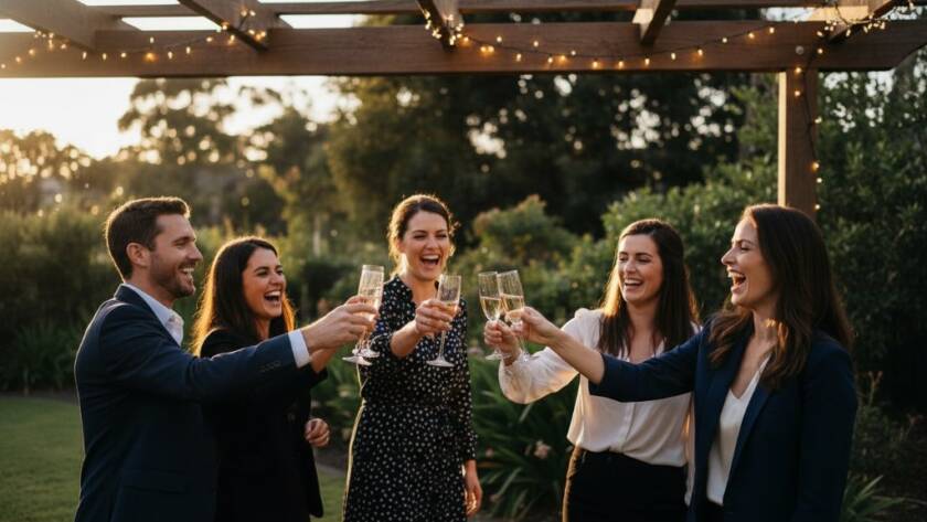 A candid, vibrant Heatherdale party photography moment capturing guests laughing and raising glasses under twinkling fairy lights at a garden party, showcasing joy and celebration.