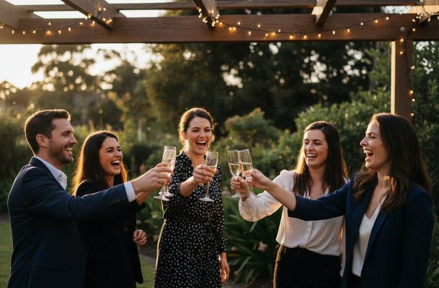 A candid, vibrant Heatherdale party photography moment capturing guests laughing and raising glasses under twinkling fairy lights at a garden party, showcasing joy and celebration.