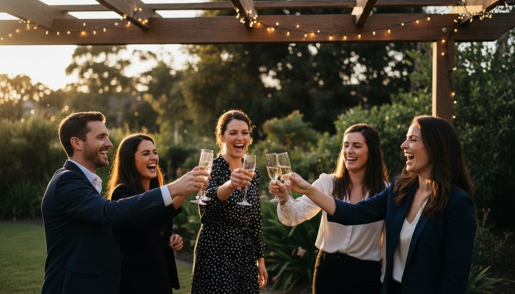 A candid, vibrant Heatherdale party photography moment capturing guests laughing and raising glasses under twinkling fairy lights at a garden party, showcasing joy and celebration.