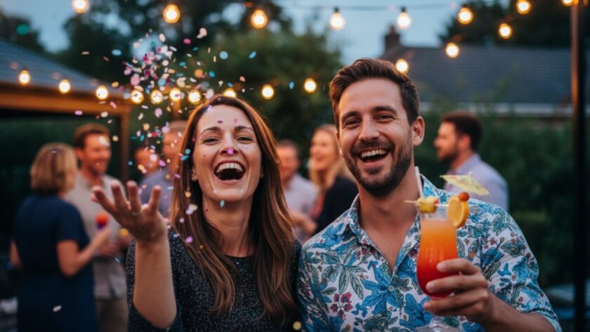 Close-up of a group of friends laughing and toasting during a vibrant Herne Hill party, captured as a truly memorable moment with dynamic lighting and bokeh, professional photography style.
