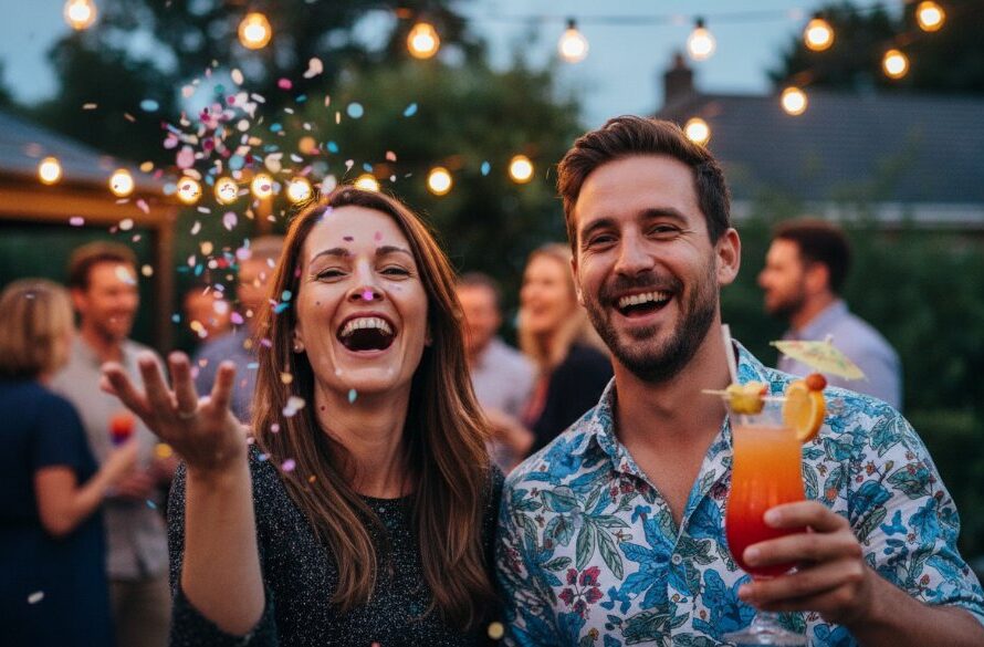 Close-up of a group of friends laughing and toasting during a vibrant Herne Hill party, captured as a truly memorable moment with dynamic lighting and bokeh, professional photography style.