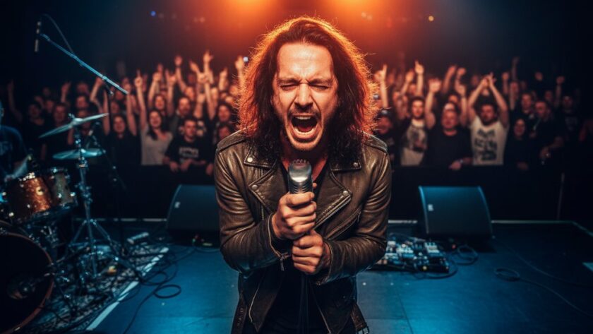 An electrifying shot showcasing a lead singer mid-scream under dramatic stage lights, capturing the raw energy of Vibrant Highton live music photography Geelong, with the crowd's hands raised in excitement.