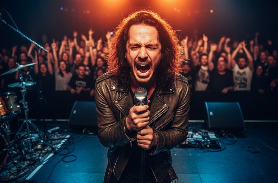 An electrifying shot showcasing a lead singer mid-scream under dramatic stage lights, capturing the raw energy of Vibrant Highton live music photography Geelong, with the crowd's hands raised in excitement.