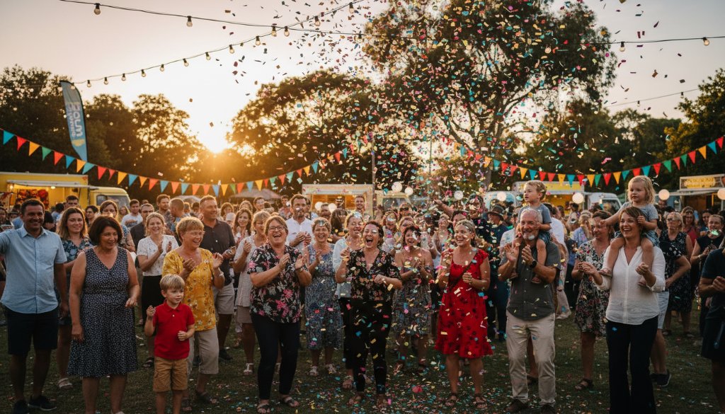 An epic, joy-filled moment captured with vibrant Hillside community event photography, showing a group of diverse attendees cheering under dramatic festival lights at a local Hillside park in Victoria, professionally colour graded.