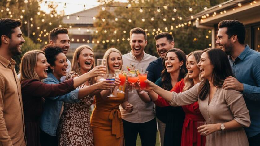 A candid, vibrant Hoppers Crossing party photography shot capturing an unforgettable moment: a group of friends bursting into laughter under sparkling fairy lights at a backyard celebration in Hoppers Crossing, Victoria, professionally lit with warm, dramatic backlighting.