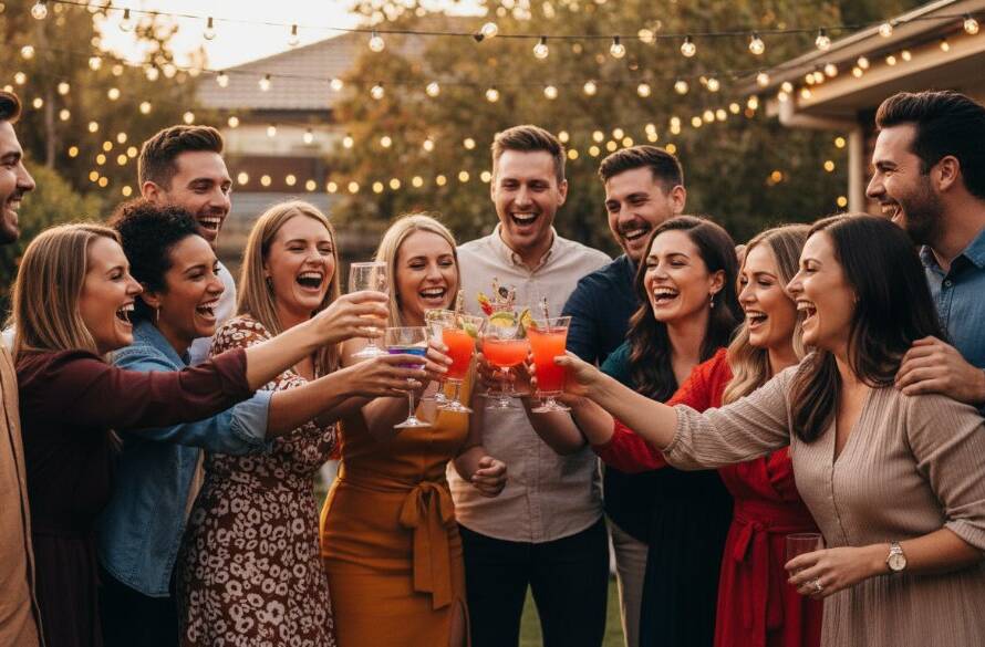 A candid, vibrant Hoppers Crossing party photography shot capturing an unforgettable moment: a group of friends bursting into laughter under sparkling fairy lights at a backyard celebration in Hoppers Crossing, Victoria, professionally lit with warm, dramatic backlighting.