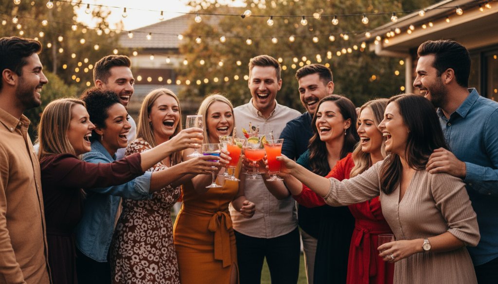 A candid, vibrant Hoppers Crossing party photography shot capturing an unforgettable moment: a group of friends bursting into laughter under sparkling fairy lights at a backyard celebration in Hoppers Crossing, Victoria, professionally lit with warm, dramatic backlighting.