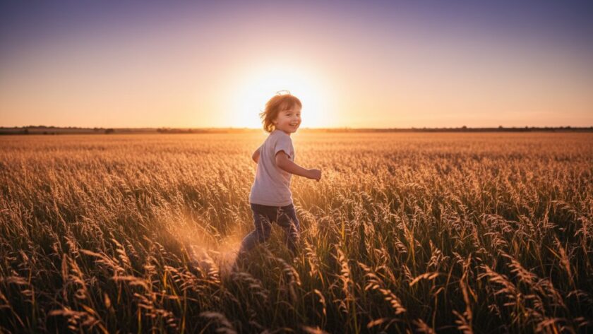 A vibrant Huntly kids photography capturing childhood joy, showing a child laughing while running through golden fields at sunset, with dramatic rim lighting and professional color grading.
