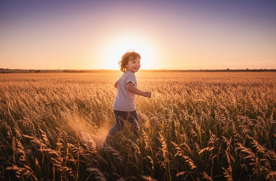 A vibrant Huntly kids photography capturing childhood joy, showing a child laughing while running through golden fields at sunset, with dramatic rim lighting and professional color grading.