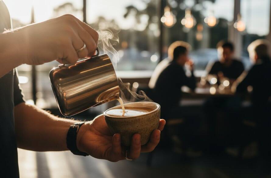 A vibrant Kealba cafe menu photography Melbourne shot, showcasing a perfectly plated artisanal brunch dish with golden-brown sourdough, creamy avocado, and poached eggs, dramatically lit by morning sun streaming through a cafe window in Kealba, creating an epic moment of culinary artistry.