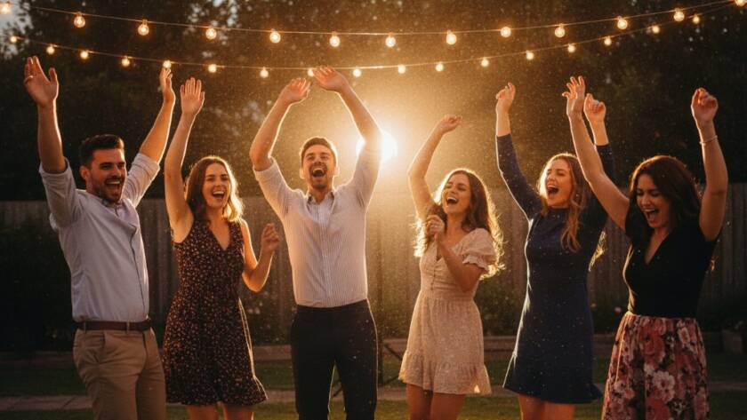 An 'epic moment' photograph showcasing vibrant Kealba party photography capturing genuine joy, with guests laughing and dancing under sparkling fairy lights at an outdoor evening celebration in Kealba, Victoria, professionally lit and colour-graded.