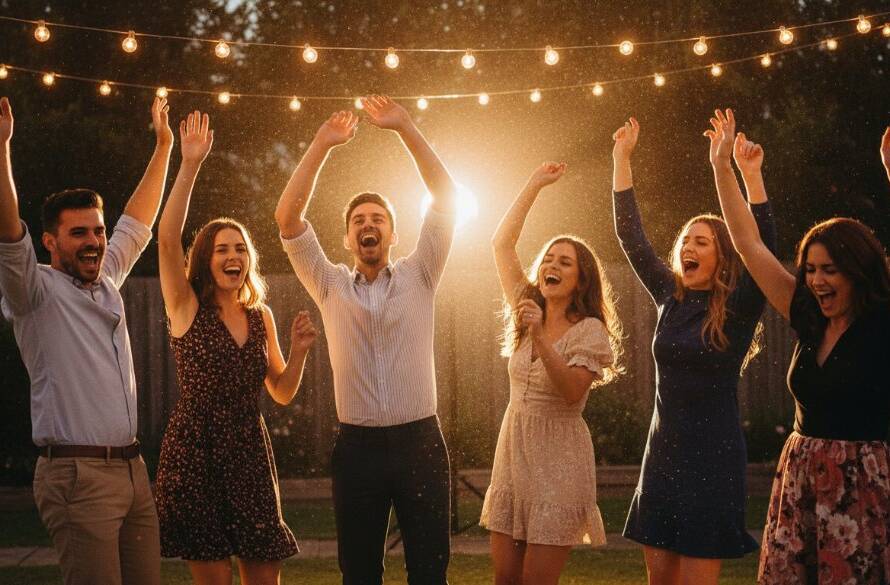 An 'epic moment' photograph showcasing vibrant Kealba party photography capturing genuine joy, with guests laughing and dancing under sparkling fairy lights at an outdoor evening celebration in Kealba, Victoria, professionally lit and colour-graded.