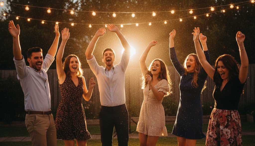 An 'epic moment' photograph showcasing vibrant Kealba party photography capturing genuine joy, with guests laughing and dancing under sparkling fairy lights at an outdoor evening celebration in Kealba, Victoria, professionally lit and colour-graded.