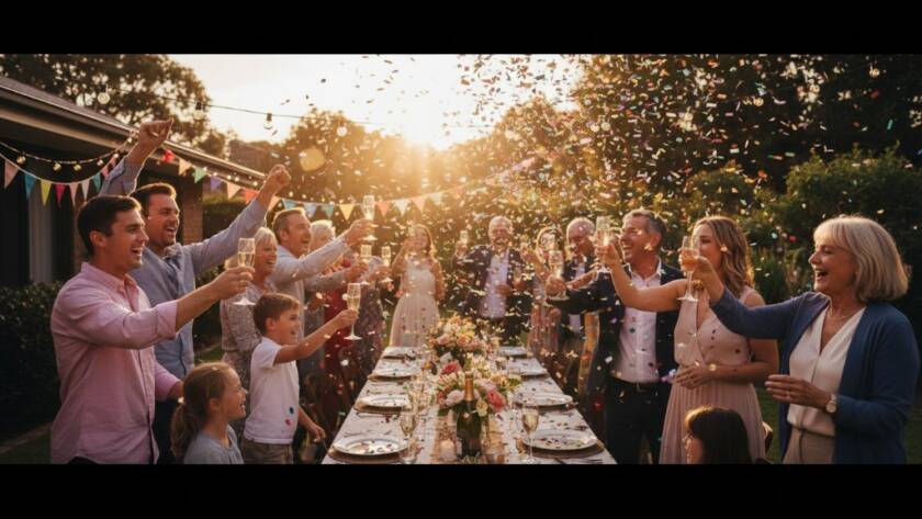 Vibrant Keilor East party photography capturing joy: A wide-angle shot of a joyous multi-generational family celebrating a milestone birthday at a beautifully decorated indoor venue in Keilor East, with sparkling fairy lights and confetti mid-air, bathed in warm, cinematic light, capturing a spontaneous hug and laughter.