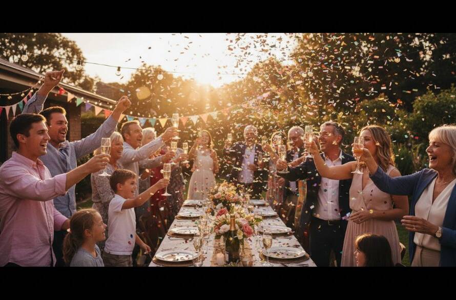Vibrant Keilor East party photography capturing joy: A wide-angle shot of a joyous multi-generational family celebrating a milestone birthday at a beautifully decorated indoor venue in Keilor East, with sparkling fairy lights and confetti mid-air, bathed in warm, cinematic light, capturing a spontaneous hug and laughter.