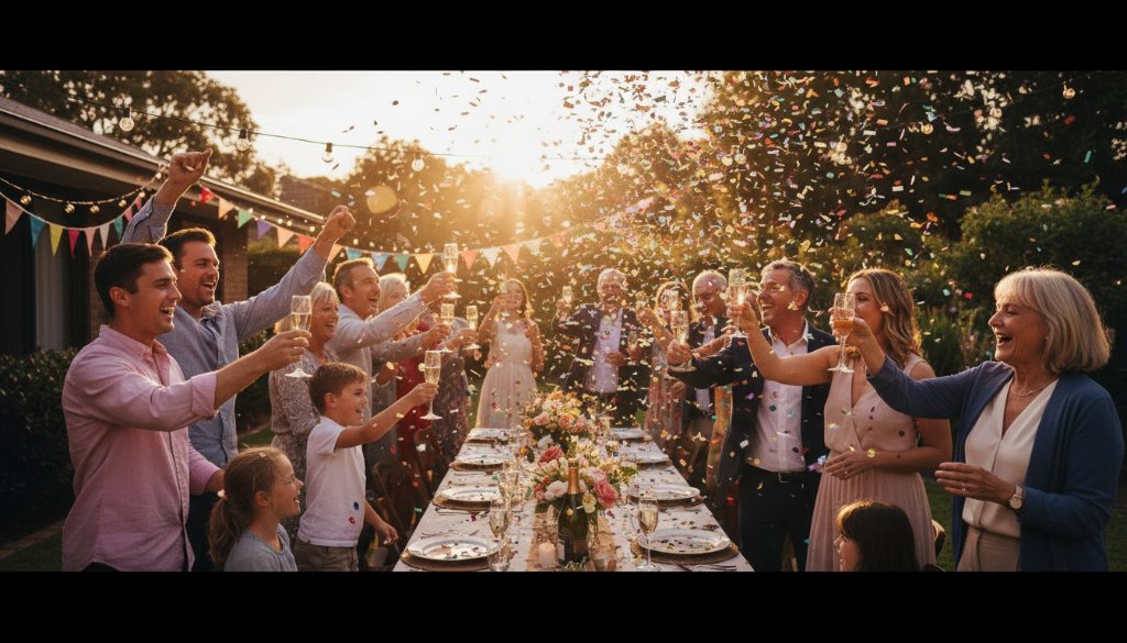 Vibrant Keilor East party photography capturing joy: A wide-angle shot of a joyous multi-generational family celebrating a milestone birthday at a beautifully decorated indoor venue in Keilor East, with sparkling fairy lights and confetti mid-air, bathed in warm, cinematic light, capturing a spontaneous hug and laughter.