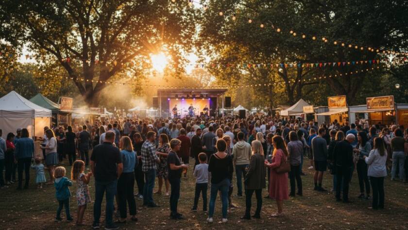 An epic moment captured during vibrant Keilor Park community events photography, showing a wide shot of jubilant attendees at an outdoor festival with colourful banners and dynamic lighting, highlighting the energy and spirit of the local community.