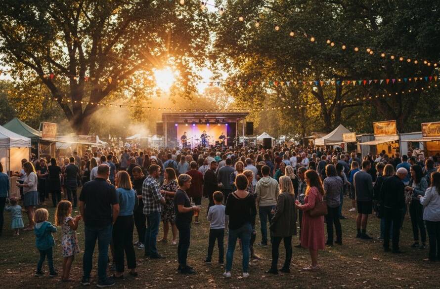 An epic moment captured during vibrant Keilor Park community events photography, showing a wide shot of jubilant attendees at an outdoor festival with colourful banners and dynamic lighting, highlighting the energy and spirit of the local community.