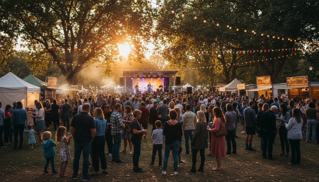 An epic moment captured during vibrant Keilor Park community events photography, showing a wide shot of jubilant attendees at an outdoor festival with colourful banners and dynamic lighting, highlighting the energy and spirit of the local community.