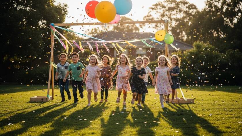 A joyous, candid photograph capturing vibrant Keilor Park party photography moments during a lively outdoor birthday celebration, with children laughing and confetti flying, expertly lit to highlight the emotion and energy of the scene.