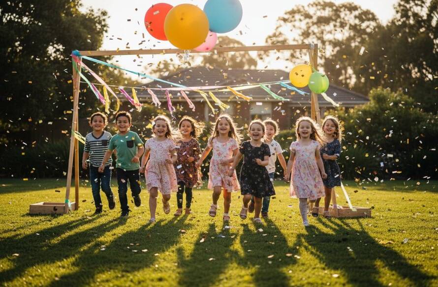 A joyous, candid photograph capturing vibrant Keilor Park party photography moments during a lively outdoor birthday celebration, with children laughing and confetti flying, expertly lit to highlight the emotion and energy of the scene.