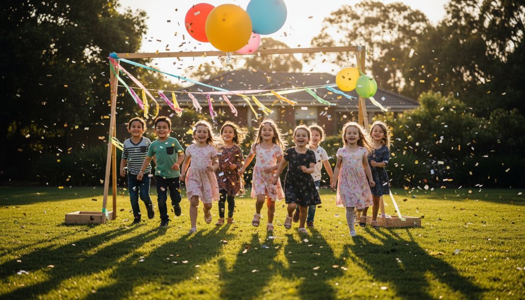 A joyous, candid photograph capturing vibrant Keilor Park party photography moments during a lively outdoor birthday celebration, with children laughing and confetti flying, expertly lit to highlight the emotion and energy of the scene.