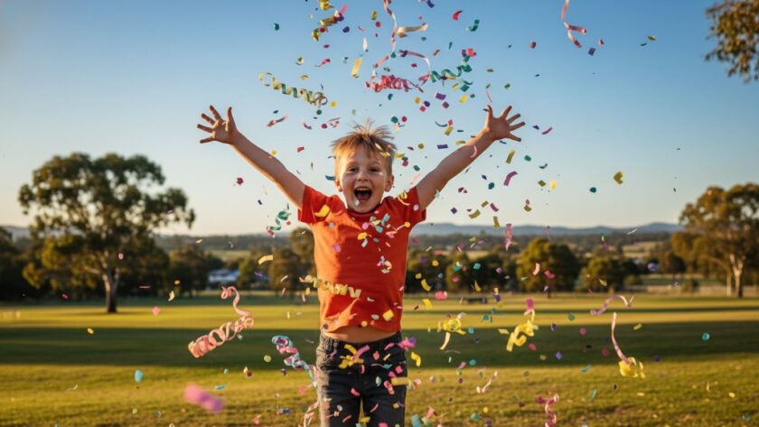 A child's ecstatic face mid-laugh during a vibrant Kialla birthday party photography memories session, confetti frozen in air with dramatic backlighting at a local Kialla park.