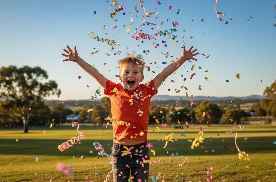 A child's ecstatic face mid-laugh during a vibrant Kialla birthday party photography memories session, confetti frozen in air with dramatic backlighting at a local Kialla park.