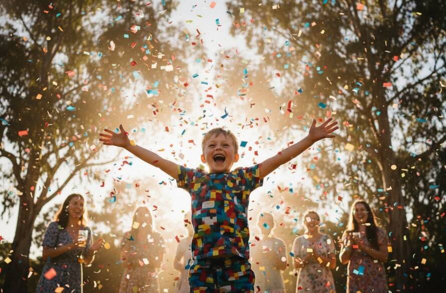 An energetic child laughing joyfully mid-air, surrounded by colourful confetti at a vibrant kids birthday party photography Keilor event, with blurred partygoers in the background under warm string lights, captured in a professional, emotionally resonant style.