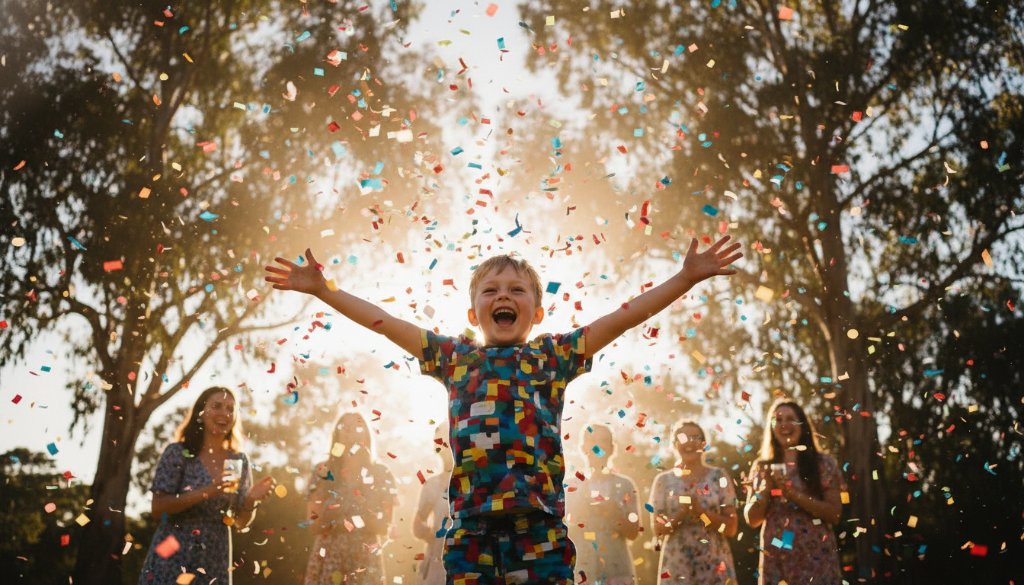 An energetic child laughing joyfully mid-air, surrounded by colourful confetti at a vibrant kids birthday party photography Keilor event, with blurred partygoers in the background under warm string lights, captured in a professional, emotionally resonant style.