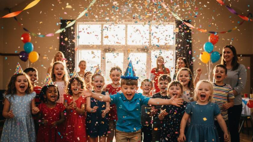 An energetic group of children laughing and playing under a shower of colourful confetti at a Vibrant Kids Parties Hampton Park Photographer event, captured with dramatic, joyous lighting and a wide-angle composition showcasing pure celebration.