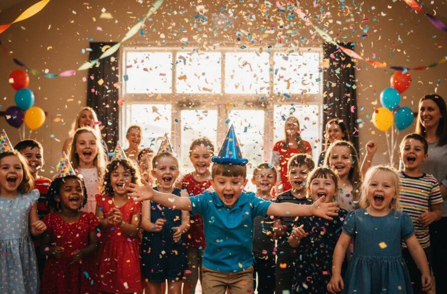 An energetic group of children laughing and playing under a shower of colourful confetti at a Vibrant Kids Parties Hampton Park Photographer event, captured with dramatic, joyous lighting and a wide-angle composition showcasing pure celebration.