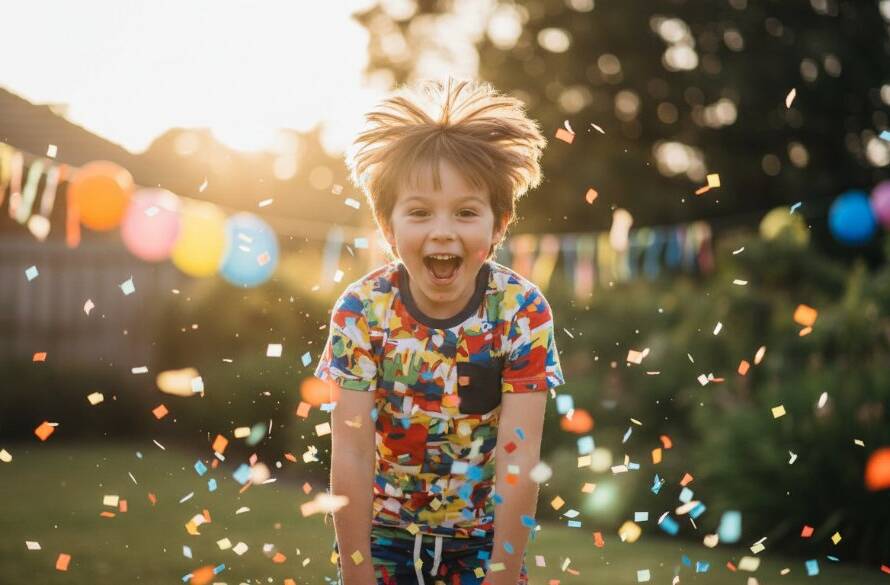 An energetic child laughing joyously amidst colourful confetti at a backyard birthday celebration in Boronia, expertly captured with vibrant kids party photography, showcasing pure happiness and dynamic movement.