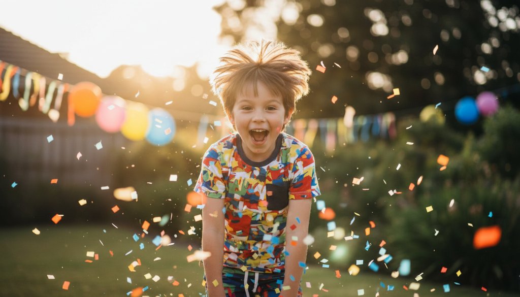 An energetic child laughing joyously amidst colourful confetti at a backyard birthday celebration in Boronia, expertly captured with vibrant kids party photography, showcasing pure happiness and dynamic movement.