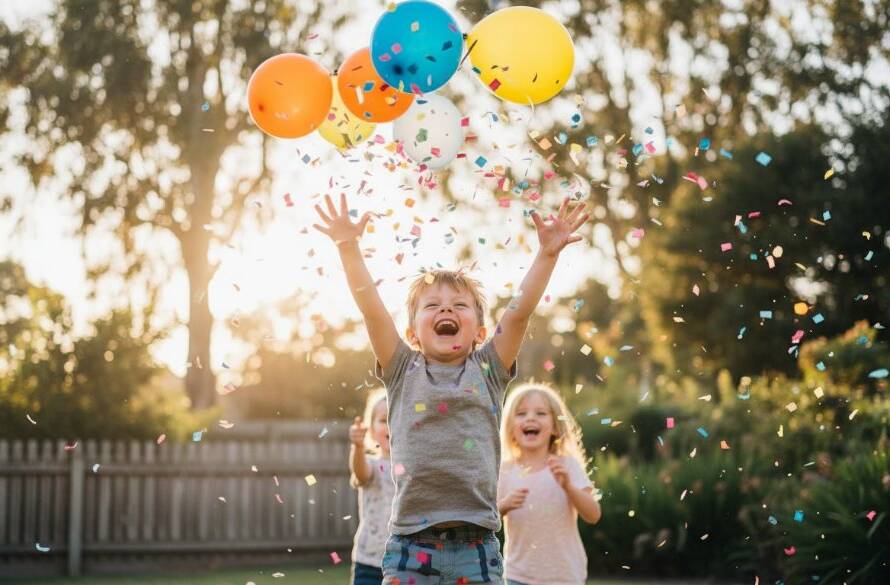A wide-angle, vibrant kids party photography Box Hill North shot of children joyfully playing with colourful balloons and confetti, bathed in warm, natural sunlight during a backyard celebration, capturing an authentic, happy moment with professional depth of field and vivid colour grading.