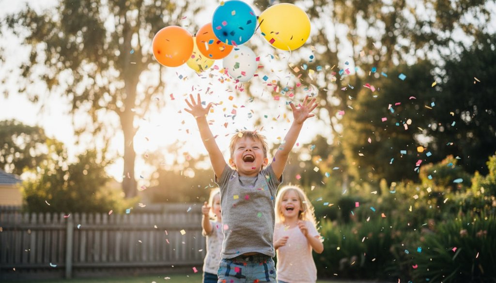 A wide-angle, vibrant kids party photography Box Hill North shot of children joyfully playing with colourful balloons and confetti, bathed in warm, natural sunlight during a backyard celebration, capturing an authentic, happy moment with professional depth of field and vivid colour grading.