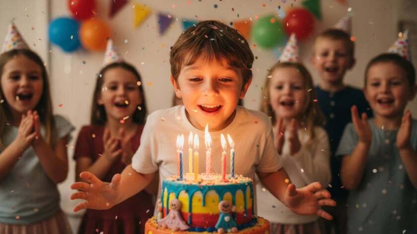 A dynamic, wide-angle shot capturing vibrant kids' party photography Brighton East VIC, showing a child's ecstatic face blowing out birthday candles, surrounded by blurred, cheering friends, confetti falling, and dramatic, warm light illuminating the scene, making it an epic, joyful moment.