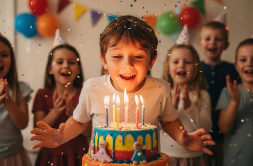 A dynamic, wide-angle shot capturing vibrant kids' party photography Brighton East VIC, showing a child's ecstatic face blowing out birthday candles, surrounded by blurred, cheering friends, confetti falling, and dramatic, warm light illuminating the scene, making it an epic, joyful moment.