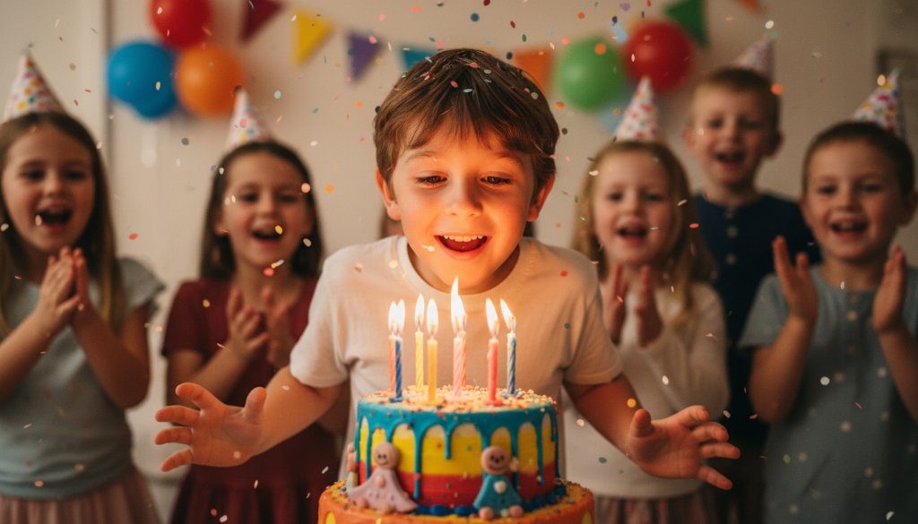 A dynamic, wide-angle shot capturing vibrant kids' party photography Brighton East VIC, showing a child's ecstatic face blowing out birthday candles, surrounded by blurred, cheering friends, confetti falling, and dramatic, warm light illuminating the scene, making it an epic, joyful moment.