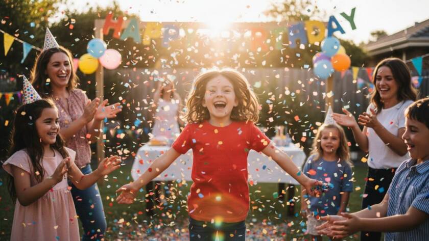 A wide-angle, vibrant kids party photography Bulleen shot showing a child joyfully blowing out birthday candles, surrounded by blurred, smiling faces under warm, festive lighting, capturing an epic, candid moment of pure happiness.